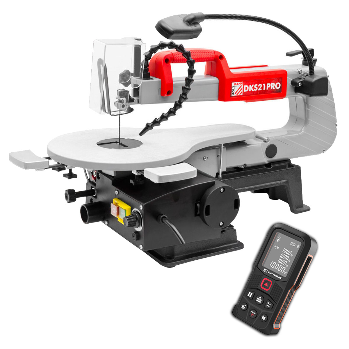 Wyrzynarka włosowa Holzmann DKS21PRO, Laserowy przyrząd do pomiaru odległości OPTIMAT, miernik cyfrowy, dalmierz, miara, pamięć, 60m, miarka