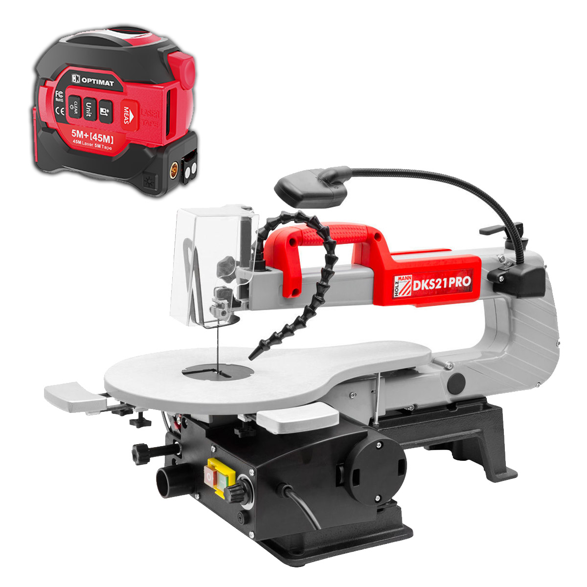 Wyrzynarka włosowa Holzmann DKS21PRO, Miarka 5m z laserem 2w1 OPTIMAT, metrówka, dalmierz cyfrowy, laserowy, pamięć, miara zwijana 45m