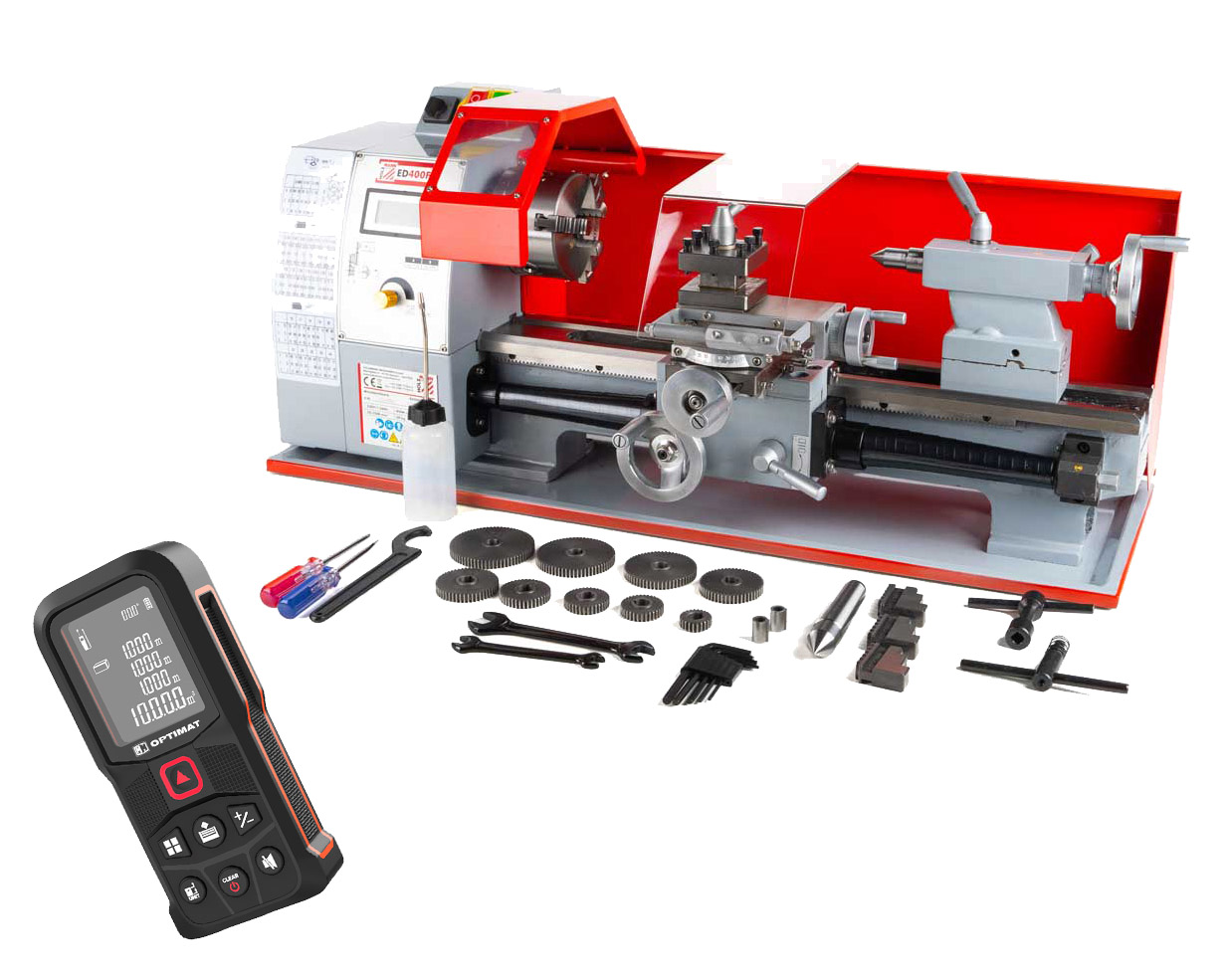 Tokarka do metalu Holzmann ED 400FD, Laserowy przyrząd do pomiaru odległości OPTIMAT, miernik cyfrowy, dalmierz, miara, pamięć, 60m, miarka