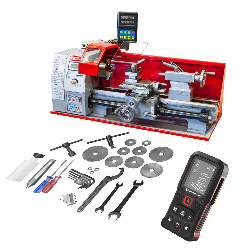 Tokarka do metalu o zmiennej prędkości z wyświetlaczami cyfrowymi na dwóch osiach Holzmann ED400FDDIG, Laserowy przyrząd do pomiaru odległości OPTIMAT, miernik cyfrowy, dalmierz, miara, pamięć, 60m, miarka