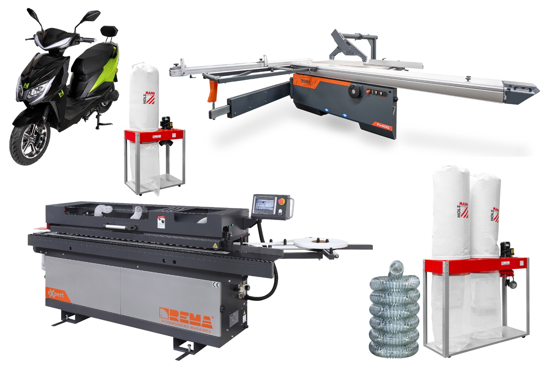 Okleiniarka REMA eXpert ze wstępnym frezowaniem, cykliną promieniową, polerką, Piła formatowa, formatówka z podcinakiem REMA FX 400 M - 3500 mm, odciąg trocin Holzmann ABS3000SE, ABS5000SE, wąż antystatyczny (Skuter elektryczny gratis!)