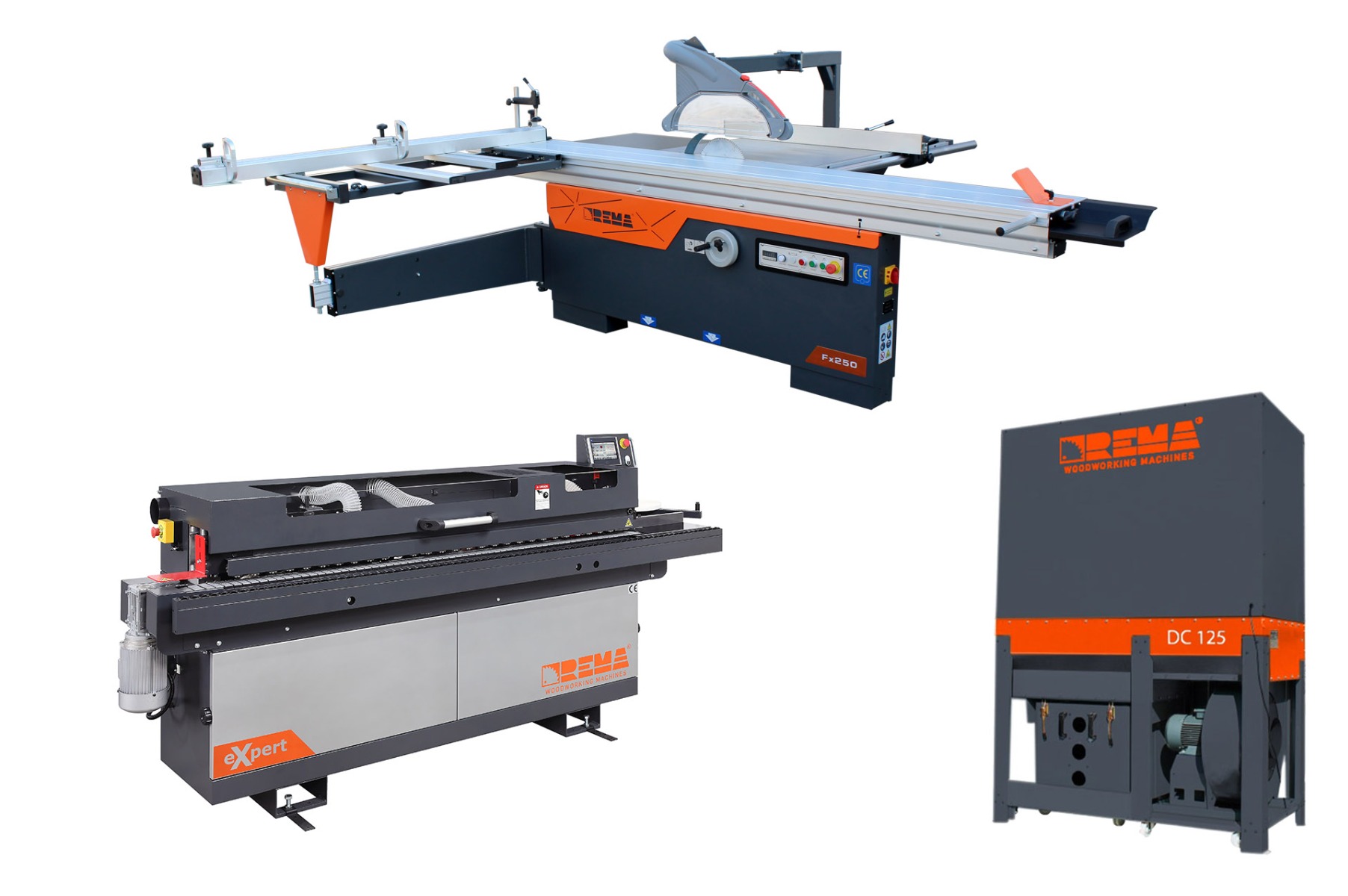 Piła formatowa, formatówka z podcinakiem Rema Fx250 3000mm, Okleiniarka REMA eXpert ze wstępnym frezowaniem, cykliną promieniową, polerką, Odciąg do trocin REMA DC 125 4500 m3h