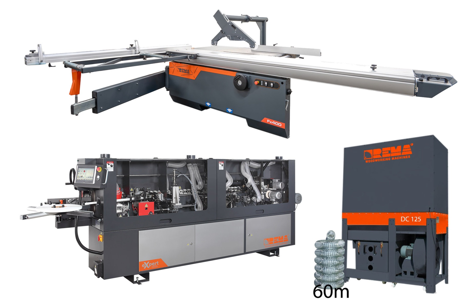Piła formatowa z podcinakiem REMA FX 400 M, okleiniarka ze wstępnym frezowaniem, podgrzewaniem płyty, 2 cyklinami (płaska, promieniowa), zarabianiem naroży, polerką REMA eXpert automatic, Odciąg do trocin REMA DC 125 4500 m3h, wąż antystatyczny (60m)