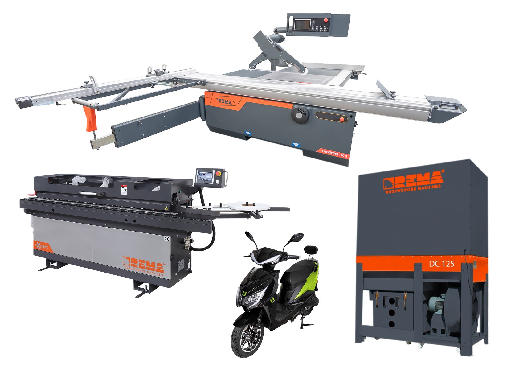 Piła formatowa, formatówka z podcinakiem REMA FX 400 X1 - 3500 mm (elektromotoryka), Okleiniarka REMA eXpert ze wstępnym frezowaniem, cykliną promieniową, polerką, Odciąg do trocin REMA DC 125 4500 m3h, Skuter elektryczny ZIPPER ZI-EMR20AH 