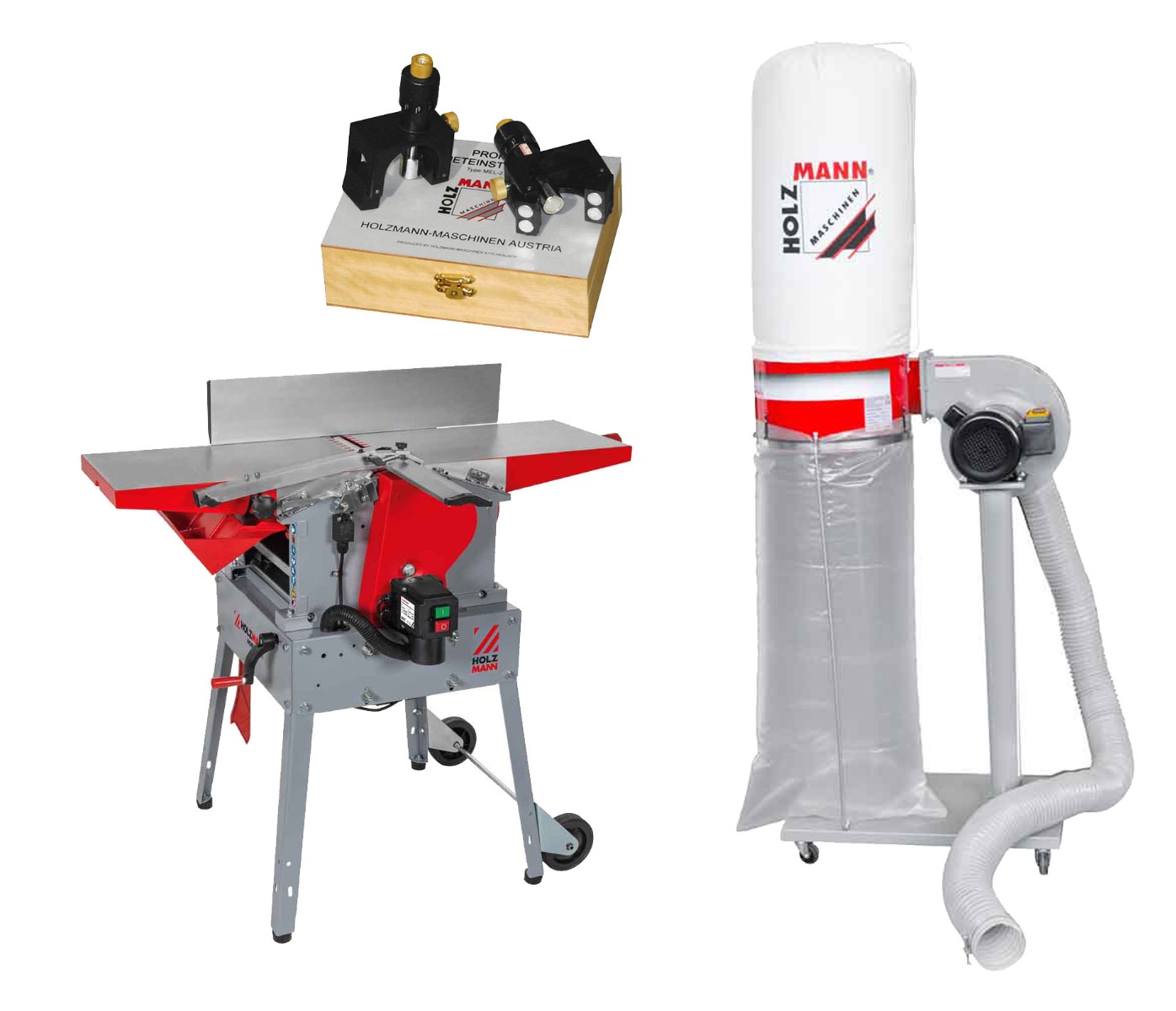 Strugarko-grubościówka Holzmann HOB260MINI, odciąg do trocin ABS1080, magnetyczny przyrząd do ustawiania noży MEL2