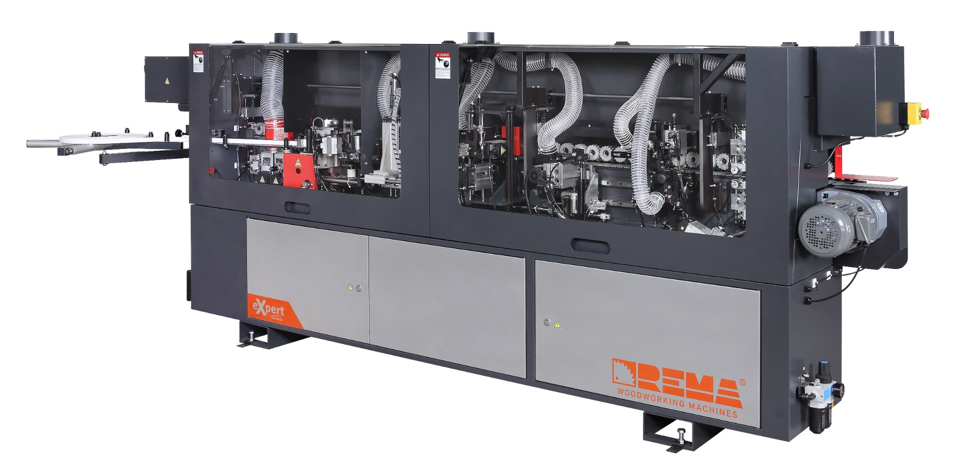 Okleiniarka REMA eXpert automatic ze wstępnym frezowaniem, podgrzewaniem płyty, 2 cyklinami (płaska, promieniowa), zarabianiem naroży, polerką