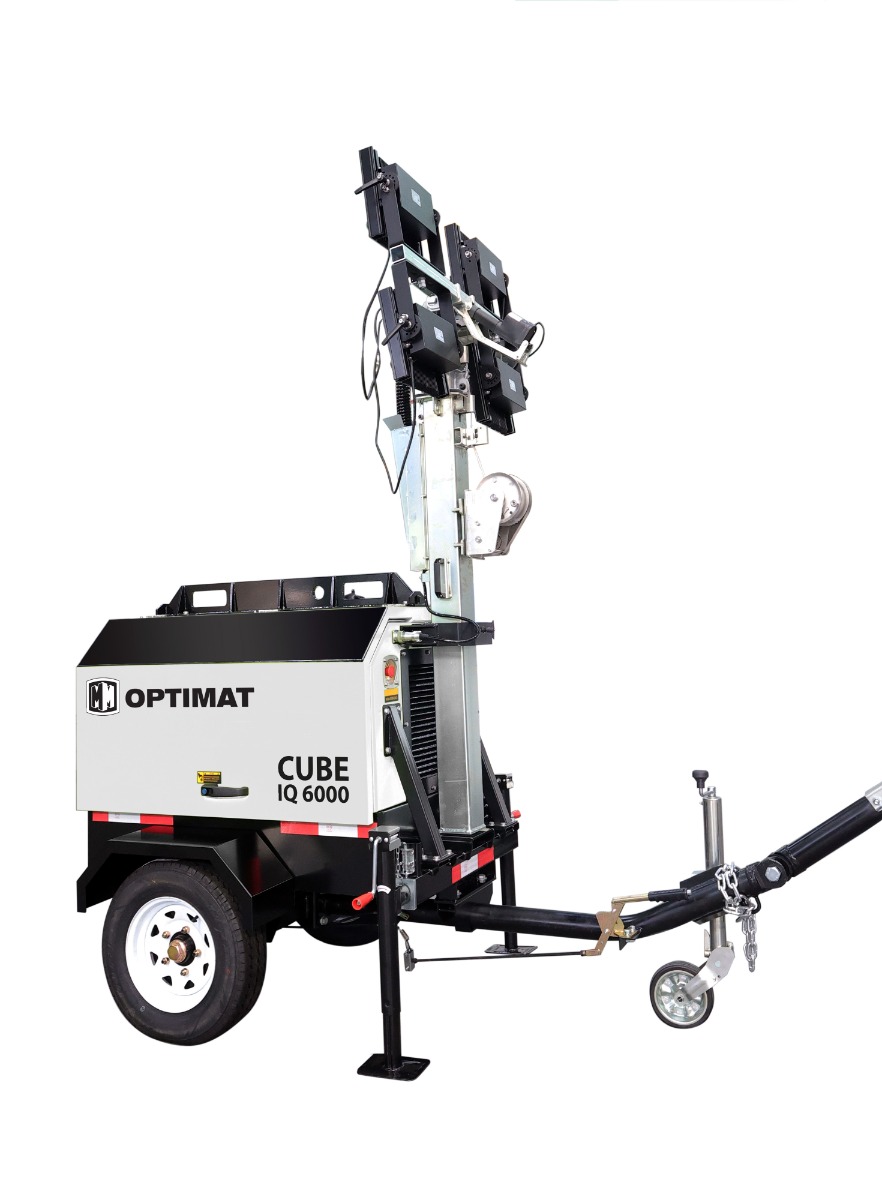 Generator, agregat prądotwórczy, prądu z masztem oświetleniowym i przyczepką Optimat IQ6000 CUBE 6,6 kW - 300 000 lumenów, diesla, diesel, trójfazowy, 230V, maszt oświetleniowy, mobilny, wieża oświetleniowa, na przyczepce