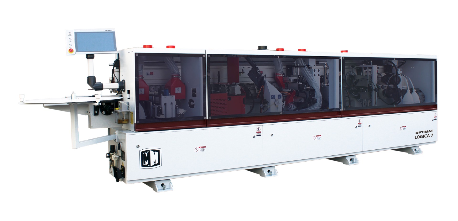 Okleiniarka krawędziowa ze wstępnym frezowaniem, zarabianiem naroży OPTIMAT LOGICA 7, cyklina promieniowa, cyklina płaska (klejowa), system natryskowy, polerka, PUR/EVA