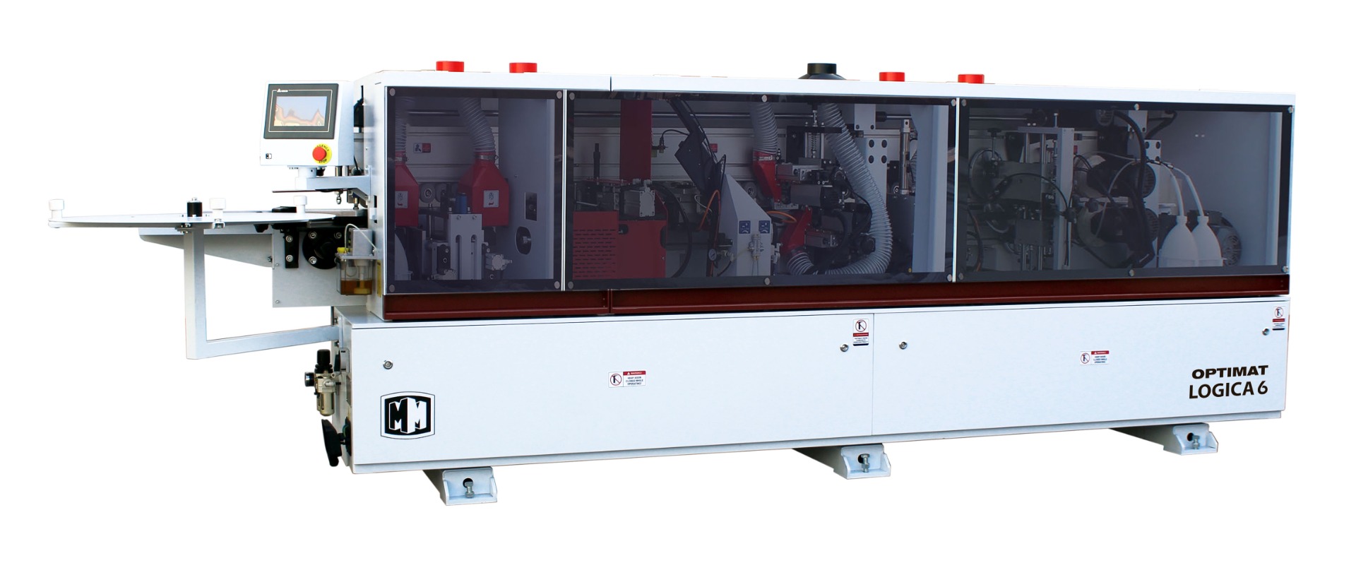 Okleiniarka krawędziowa ze wstępnym frezowaniem OPTIMAT LOGICA 6, cyklina promieniowa, cyklina płaska (klejowa), system natryskowy, polerka