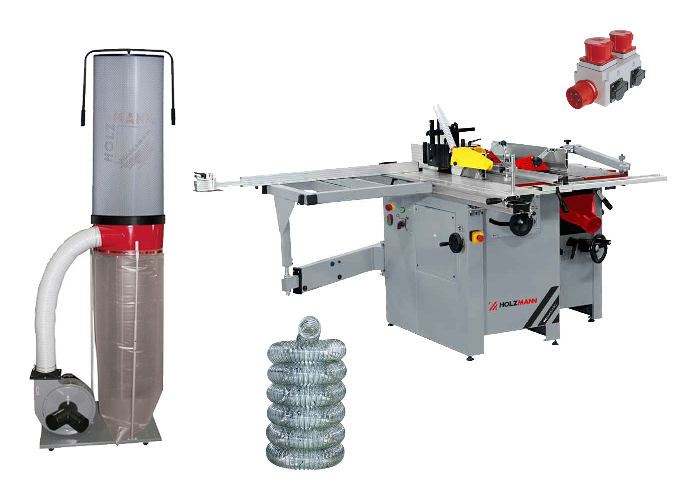 Maszyna wieloczynnościowa, kombi, urządzenie wielofunkcyjne z wałem spiralnym Holzmann K5260PSMW2 (400V), odciąg trocin Holzmann ABS2480PLUS, automatyczny włącznik urządzeń Hozlmann ALA1, wąż antystatyczny
