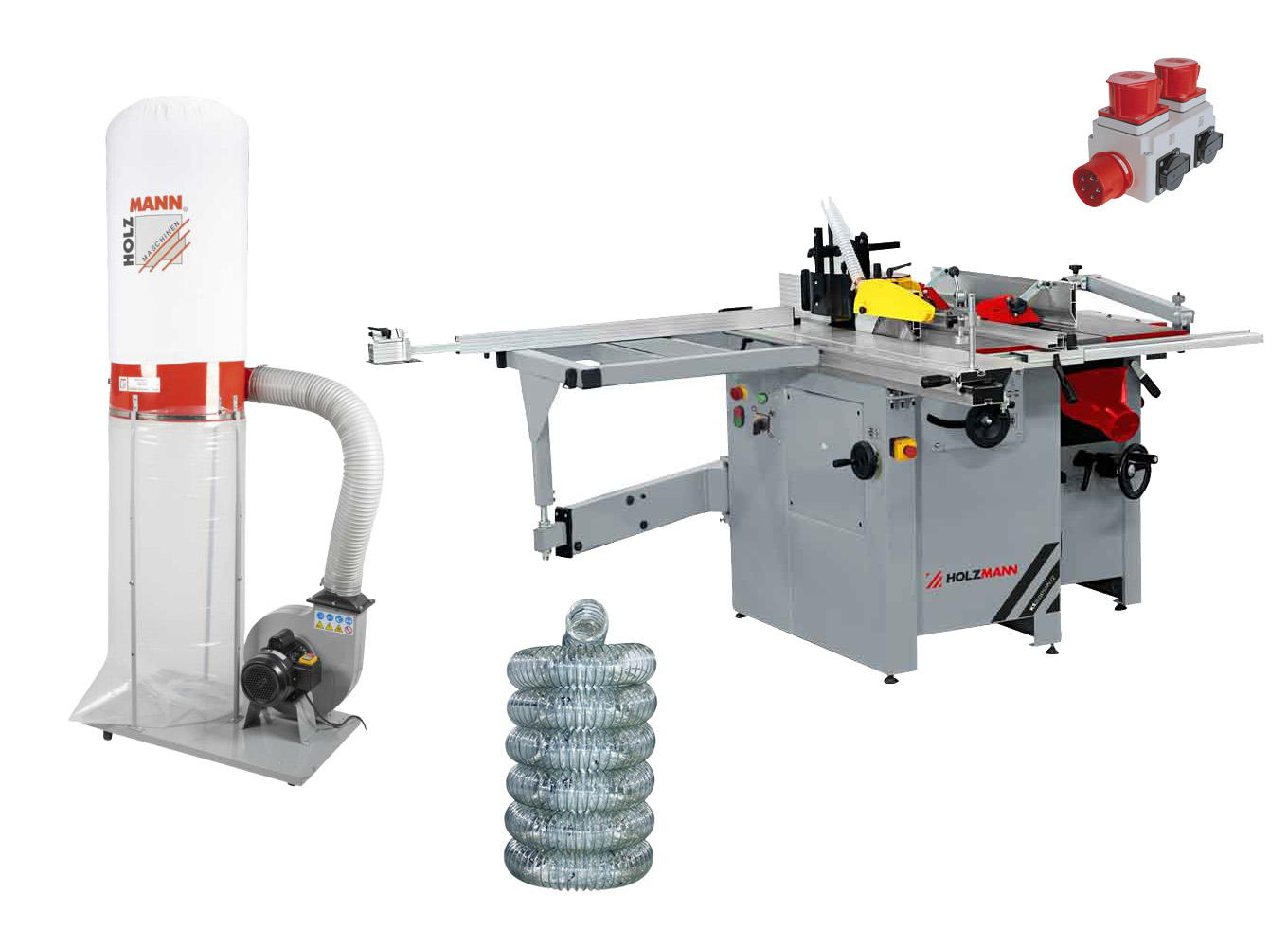 Maszyna wieloczynnościowa, kombi, urządzenie wielofunkcyjne z wałem spiralnym Holzmann K5260PSMW2 (400V), odciąg trocin Holzmann ABS2480, automatyczny włącznik urządzeń Hozlmann ALA1, wąż antystatyczny