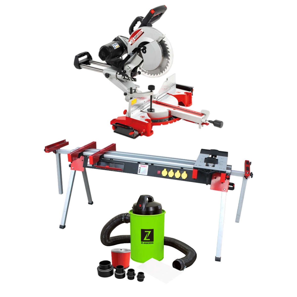 Piła ukośnica Holzmann KAP305JL + stół roboczy Holzmann USK2760 + Odciąg do trocin ZIPPER ZI-ASA305A