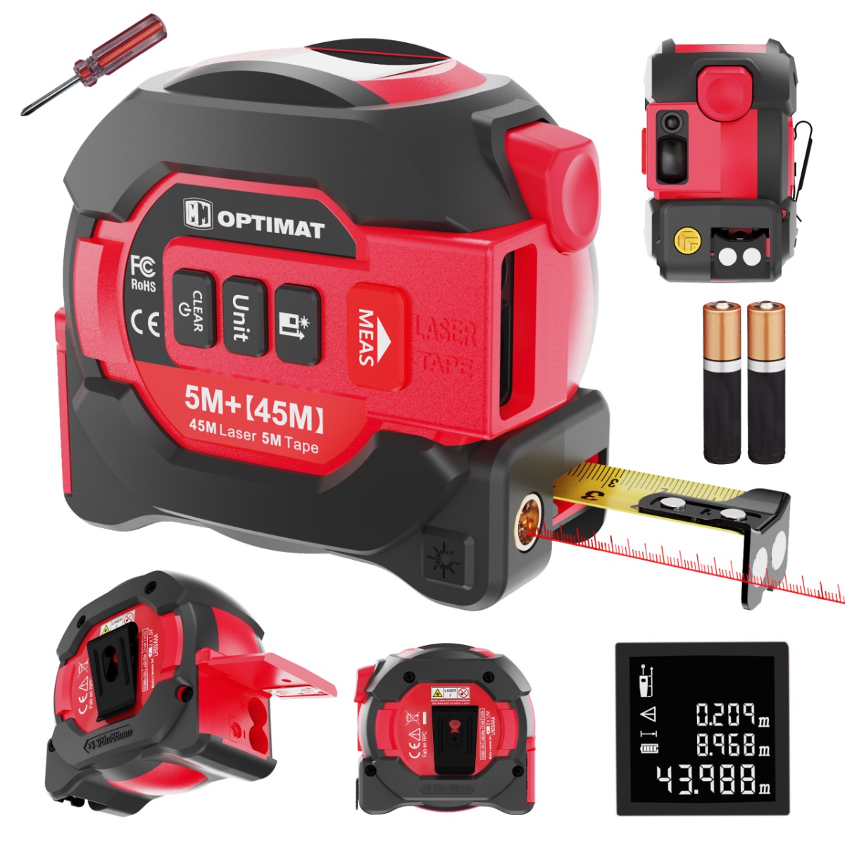 Miarka 5m z laserem 2w1 OPTIMAT, metrówka, dalmierz cyfrowy, laserowy, pamięć, miara zwijana 45m
