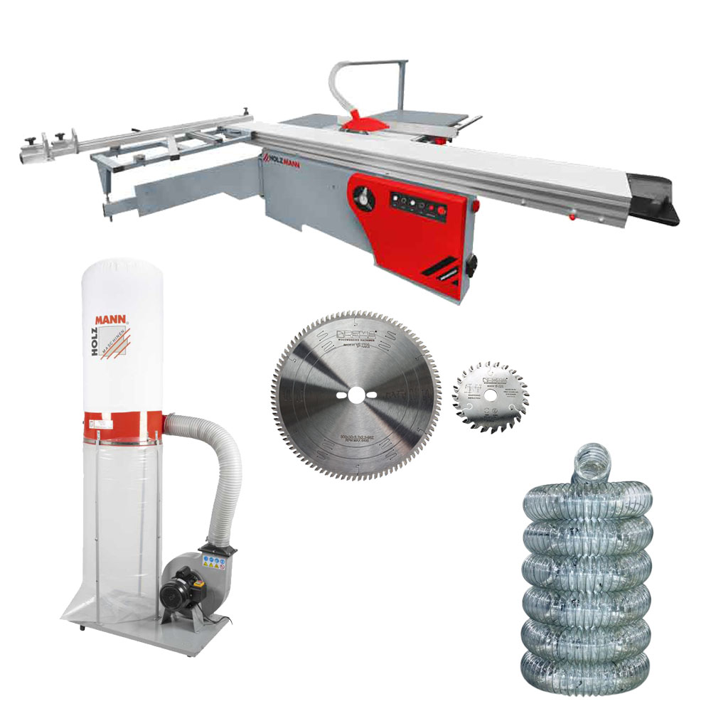 Piła formatowa, formatówka z podcinakiem Holzmann FKS305V32ECO, odciąg trocin Holzmann ABS2480, zestaw tarcz REMA ITA, wąż antystatyczny