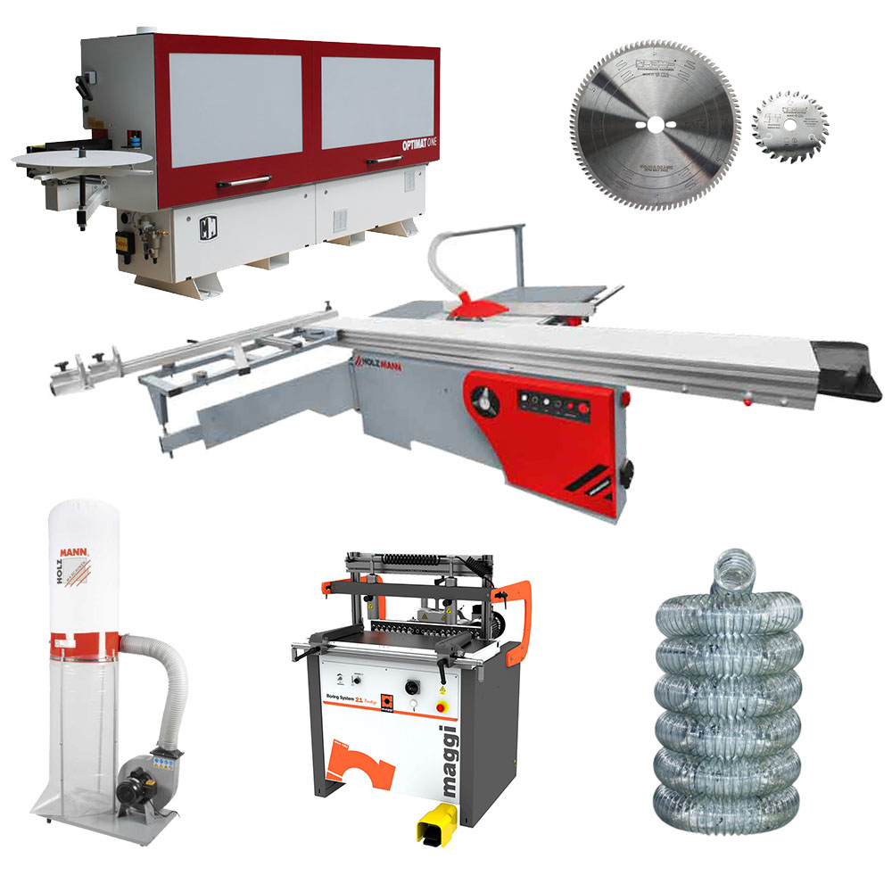 Okleiniarka ze wstępnym frezowaniem OPTIMAT ONE, piła formatowa, formatówka z podcinakiem Holzmann FKS305V32ECO, wiertarka wielowrzecionowa MAGGI Boring System 21 PRESTIGE, odciąg trocin Holzmann ABS2480, zestaw tarcz REMA ITA, wąż antystatyczny