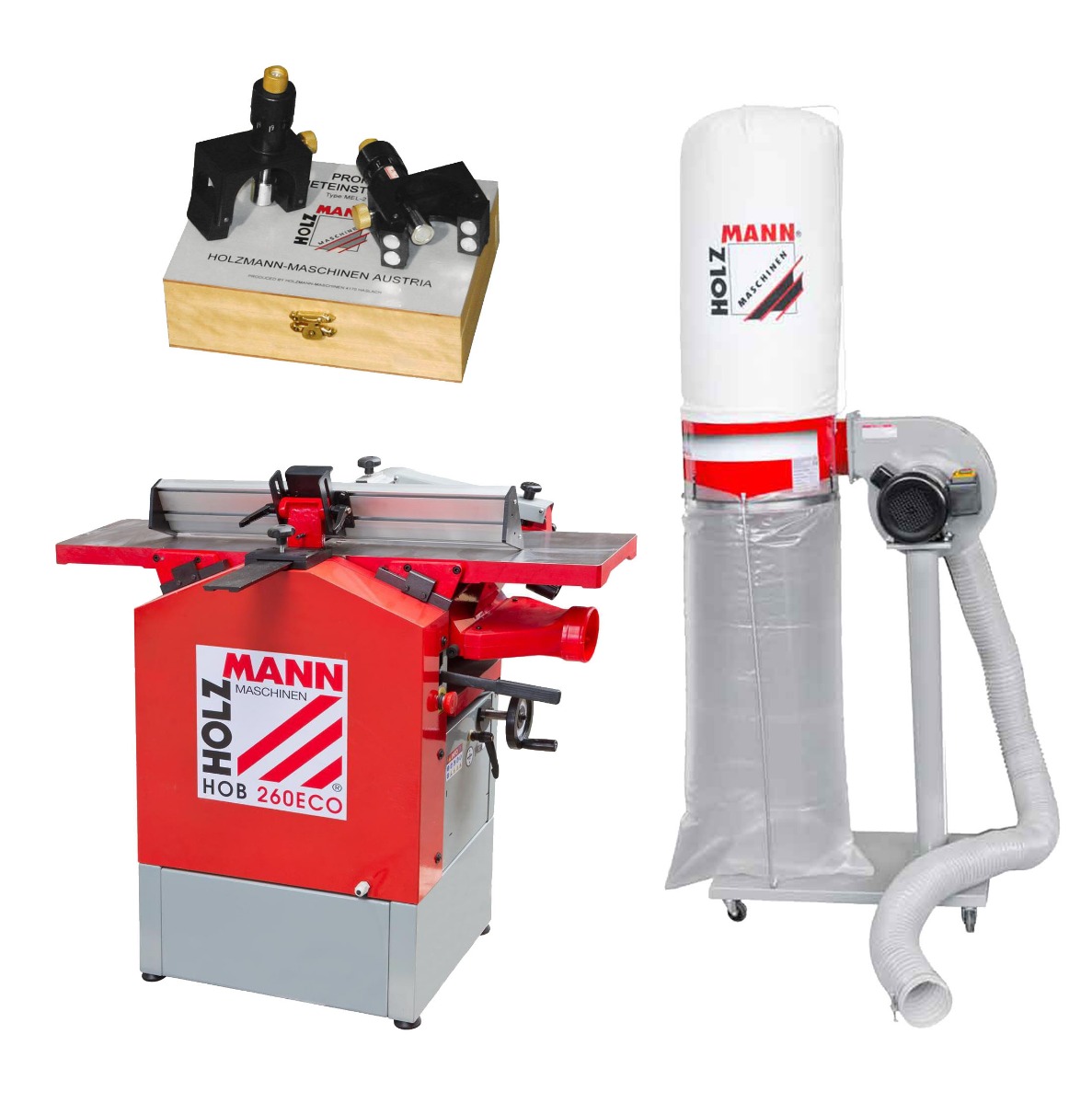 Wyrówniarko grubościówka Holzmann HOB260ECO, odciąg trocin Holzmann ABS1080, przyrząd do ustawiania noży Holzmann MEL2