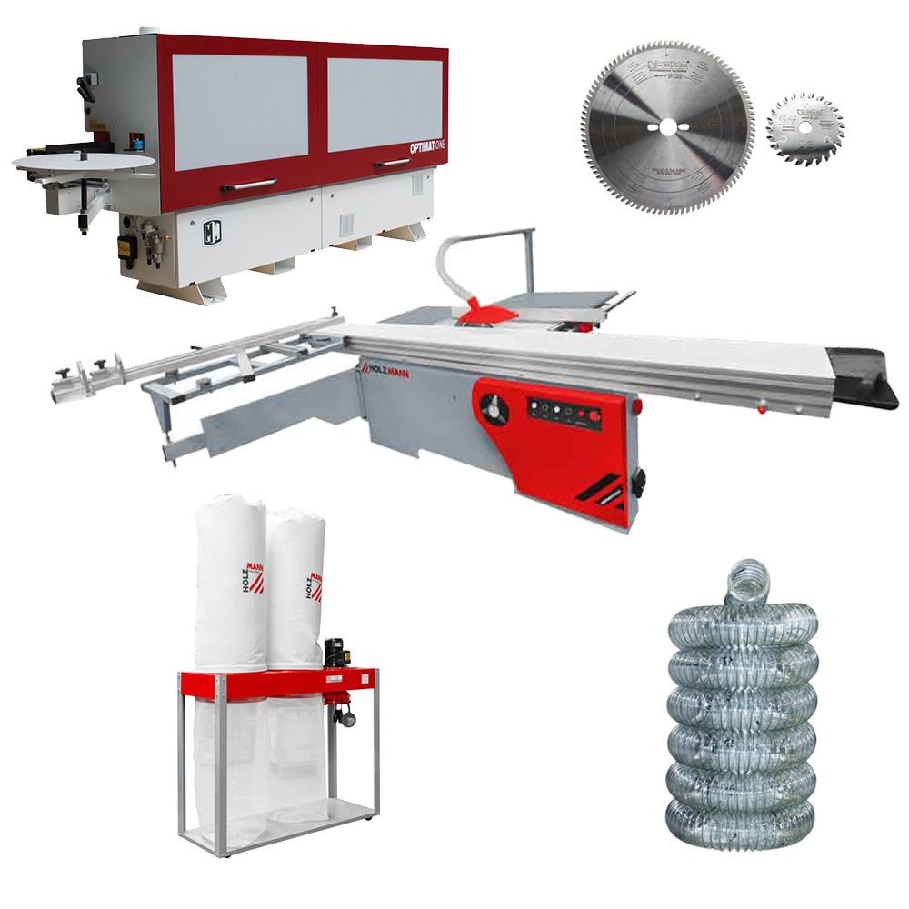Okleiniarka ze wstępnym frezowaniem, cyklina polerka OPTIMAT ONE, piła formatowa, formatówka z podcinakiem Holzmann FKS305V32ECO, odciąg trocin Holzmann ABS5000SE, zestaw tarcz REMA ITA, wąż antystatyczny