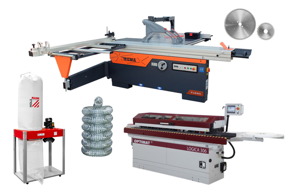 Piła formatowa, formatówka Rema Fx250 3000mm, okleiniarka OPTIMAT Logica 306 ze wstępnym frezowaniem, z odciągiem Holzmann ABS3000SE, wężem antystatycznym i zestawem tarcz