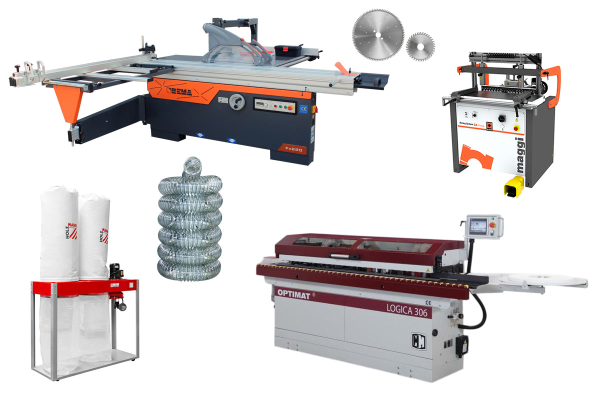 Piła formatowa, formatówka Rema Fx250 3000mm, okleiniarka OPTIMAT Logica 306 ze wstępnym frezowaniem, wiertarka wielowrzecionowa MAGGI BS 21 PRESTIGE z odciągiem Holzmann ABS5000SE, wężem antystatycznym i zestawem tarcz
