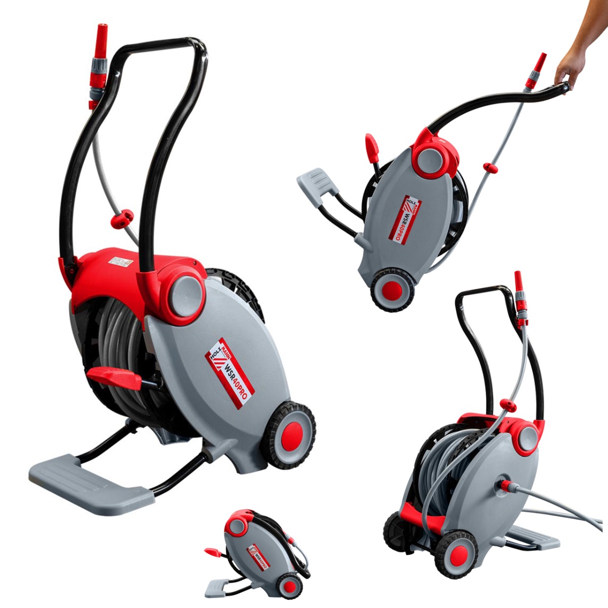 Mobilny wózek na wąż ogrodowy Holzmann WSR40PRO - zwijacz, wąż 40m(+2m)