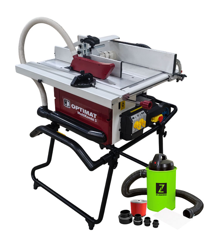 Maszyna wieloczynnościowa, wieloczynnościówka OPTIMAT MultiKombi 5 - piła, wyrówniarko grubościówka, frezarka, wiertarka - 5w1 z wózkiem, podstawą jezdną, Odciąg do trocin ZIPPER ZI-ASA305A, Wózek jezdny, podstawa