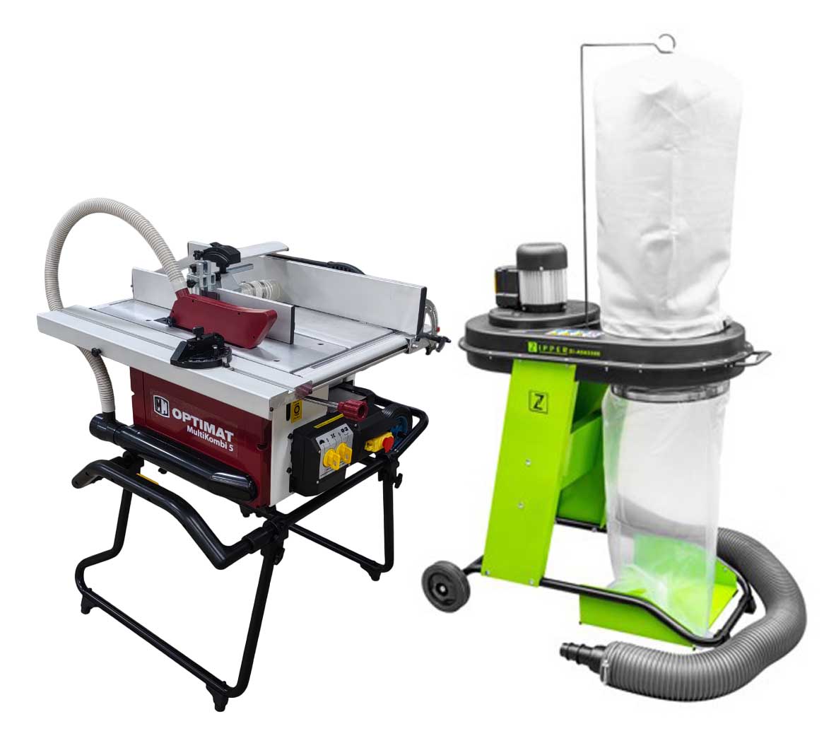 Maszyna wieloczynnościowa, wieloczynnościówka OPTIMAT MultiKombi 5 - piła, wyrówniarko grubościówka, frezarka, wiertarka - 5w1 z wózkiem, podstawą jezdną, Odciąg do trocin ZIPPER ZI-ASA550ESA, Wózek jezdny, podstawa