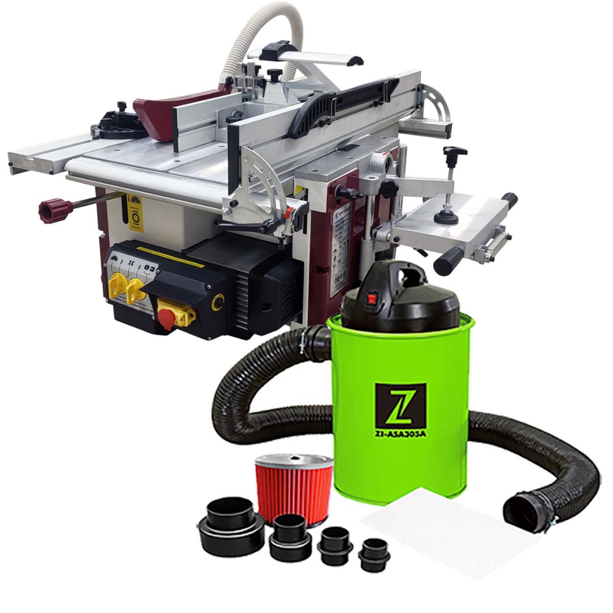 Maszyna wieloczynnościowa, wieloczynnościówka OPTIMAT MultiKombi 5 - piła, wyrówniarko grubościówka, frezarka, wiertarka - 5w1, Odciąg do trocin ZIPPER ZI-ASA305A