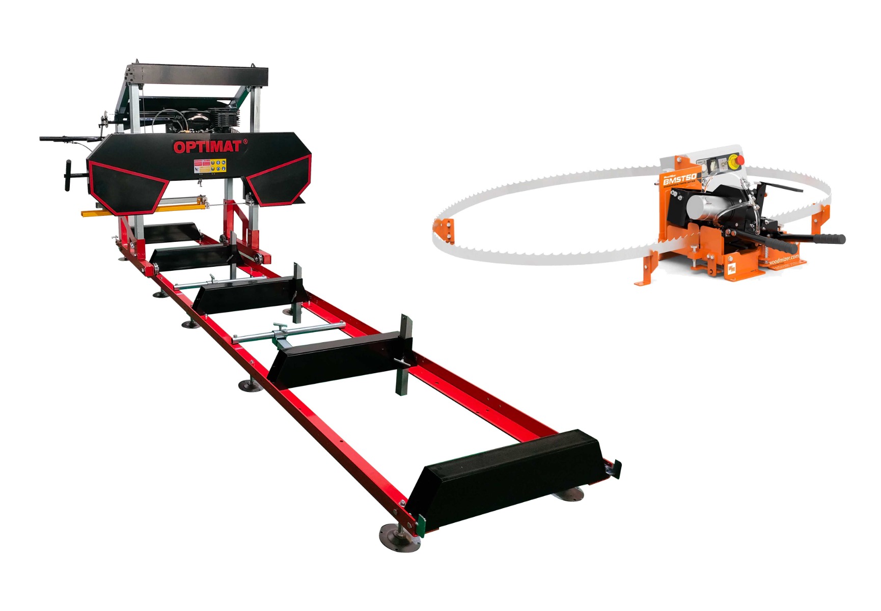 Trak taśmowy spalinowy OPTIMAT Timberland TMG 660S z osłoną taśmy + ostrzarko-rozwierak Wood-Mizer BMST50