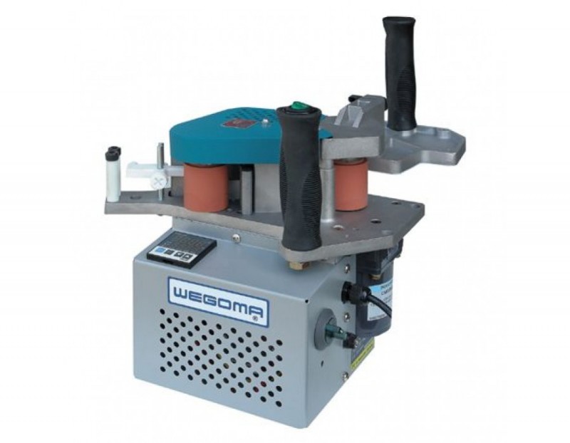 Okleiniarka do krawędzi WEGOMA PM2000TS z płynną regulacją temperatury i prędkości, w skrzyni transportowej