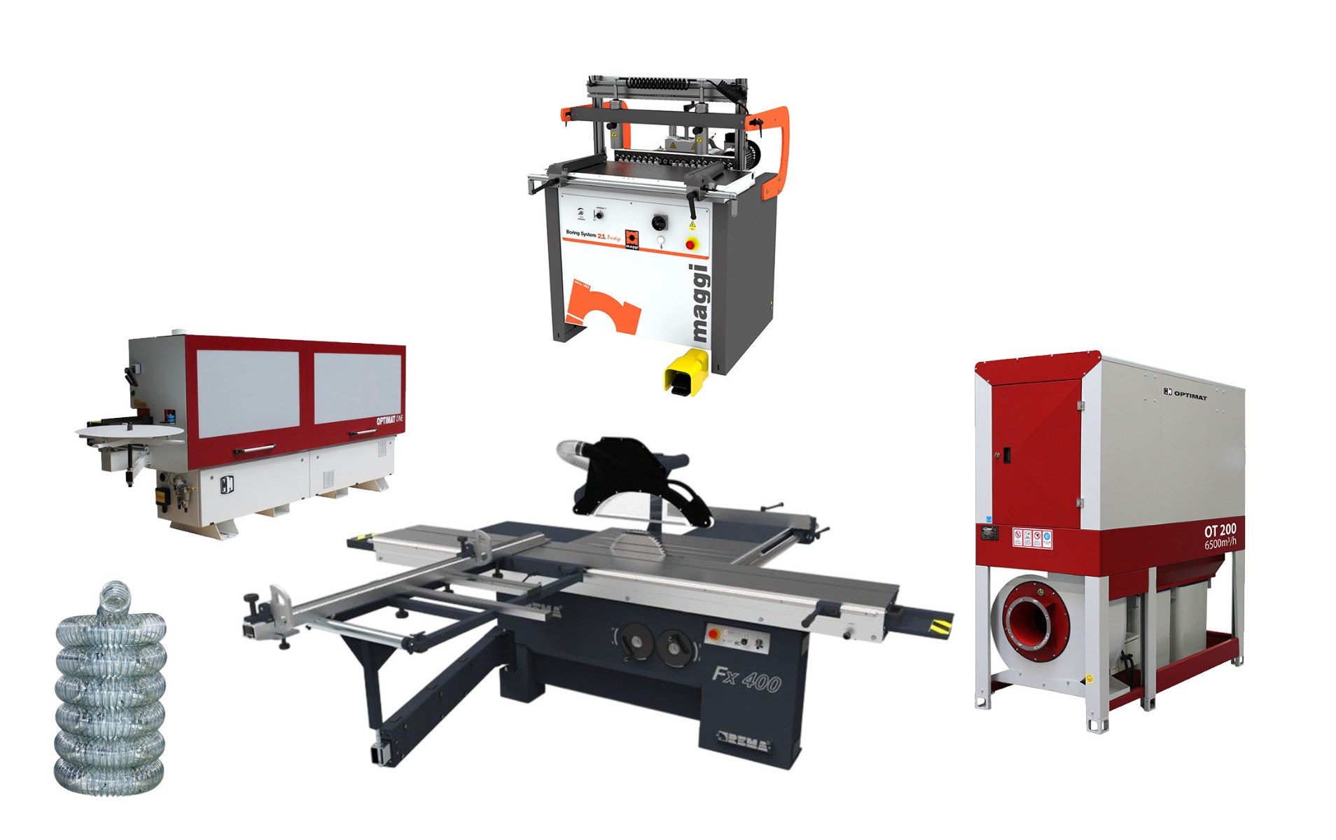 Piła formatowa, formatówka REMA FX 400, okleiniarka OPTIMAT ONE cyklina, polerka, wiertarka wielowrzecionowa Maggi BS21 Prestige, odciąg do trocin Optimat OT 6500 m3h seria 200