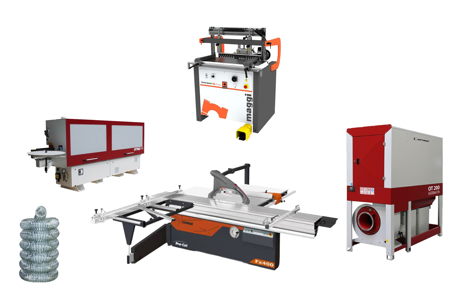 Piła formatowa, formatówka REMA FX400 Pro-Cut, okleiniarka OPTIMAT ONE cyklina, polerka, wiertarka wielowrzecionowa Maggi BS21 Prestige, odciąg do trocin Optimat OT 6500 m3h seria 200