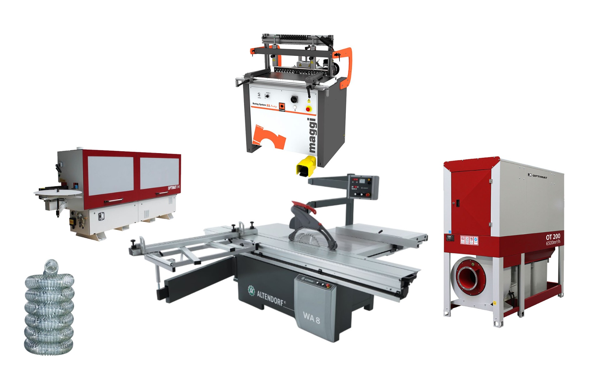 Piła formatowa, formatówka Altendorf WA 8X, okleiniarka OPTIMAT ONE cyklina, polerka, wiertarka wielowrzecionowa Maggi BS21 Prestige, odciąg do trocin Optimat OT 6500 m3h seria 200