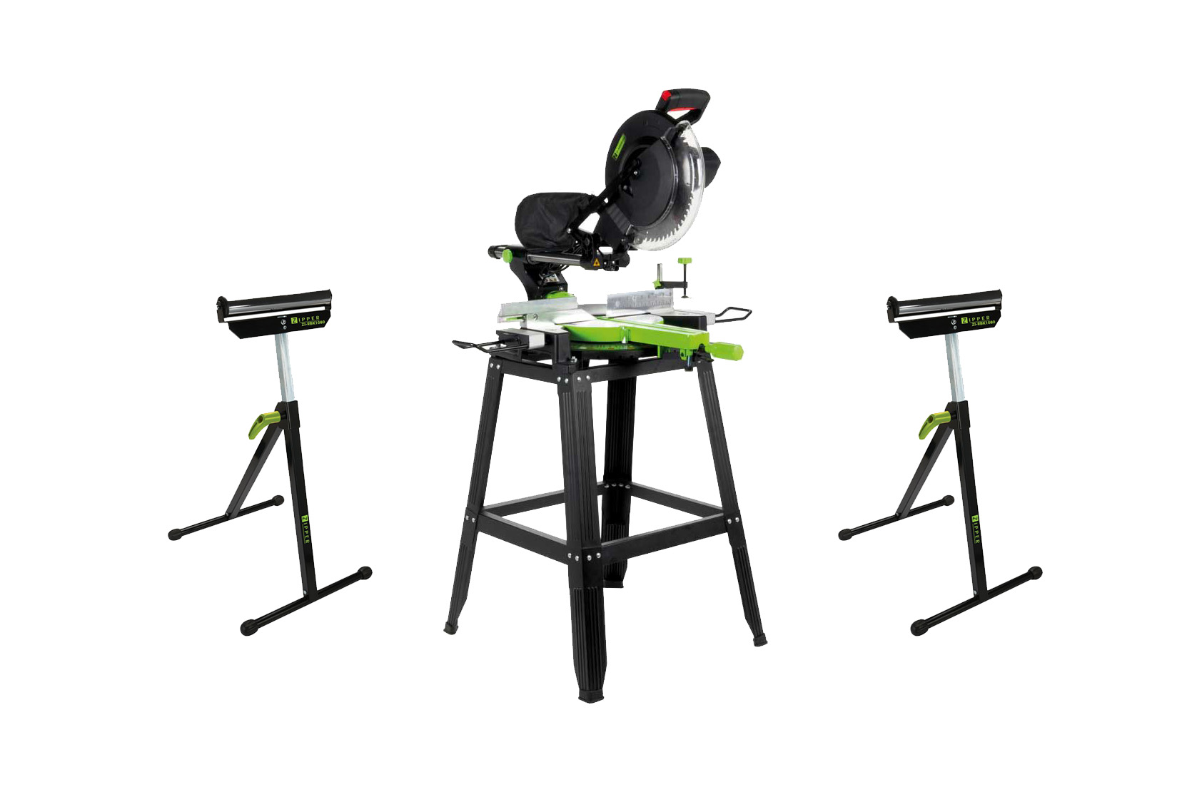 Piła ukośnica Zipper ZI-KGS305UK, stojak, kobyłka, podajnik rolkowy Zipper ZI-RBK1080 (2 sztuki)